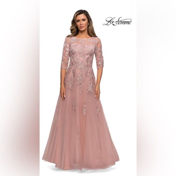 La Femme 27922 Beaded Lace Tulle A-Line Gown Maxi Blush Size 6 NEW $578 - Picture 2 of 8